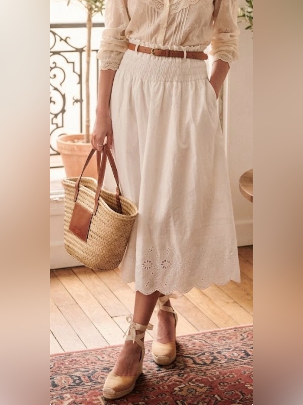 Uniqlo White Cotton Eyelet Midi Skirt | Size M | Smocked Waist